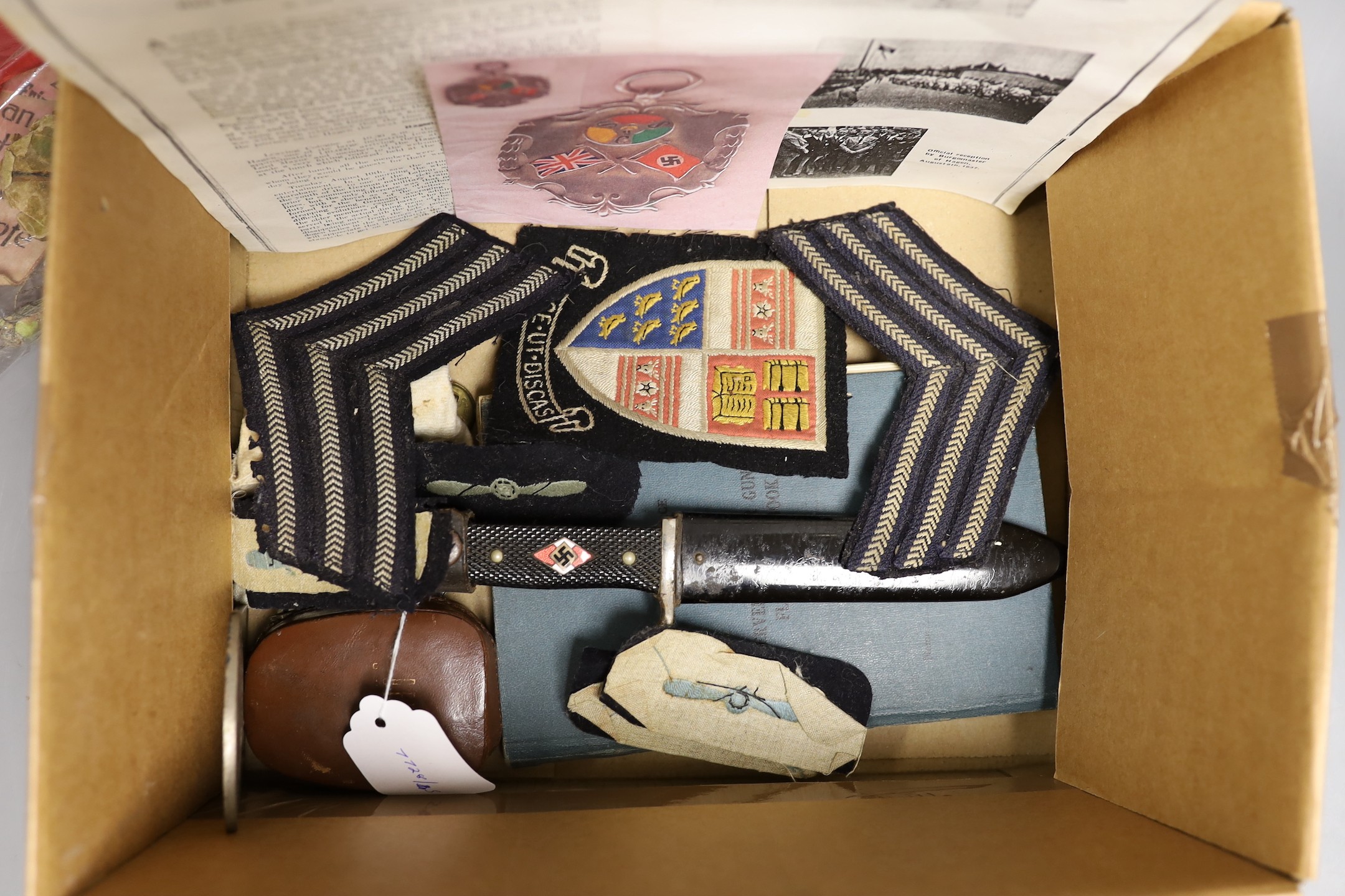 A Hitler youth knife, Observer's and Air Gunner's log-book, 1940, swimming material, all relating to George Eley, RAF